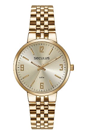 Relógio de Pulso Seculus, Mostrador Dourado, Caixa e Pulseira em Aço, Garantia de 02 Anos, Aprova D'Água. Ref.: 77267LPSVDS1