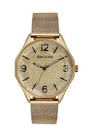 Relógio de Pulso Seculus, Mostrador Dourado, Caixa e Pulseira em Aço dourado, Garantia de 02 Anos, Aprova D'Água. Ref.: 77208LPSVDS1