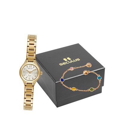Relógio de Pulso Seculus, Mostrador Gelo, Caixa e Pulseira em Aço Dourado, Kti Pulseira Feminina, Garantia de 02 Anos,Aprova D'água. Ref.: 44140LPSVDA1K1