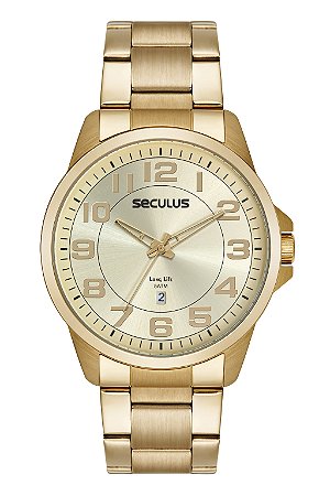 Relógio de Pulso Seculus, mostrador Dourado, Caixa e pulseira em Aço, Garantia 02 Anos,Aprova D'água.: Ref.: 44216GPSVDA3