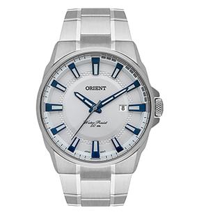 Relógio de Pulso Orient, Mostrador Branco Detalhes em Azul, Caixa e Pulseira em Aço, Aprova D'água.  Ref.: MBSS 1369