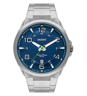Relógio de Pulso Orient, Mostrador Azul, Detalhes em Branco,Números e Ponteiros Fluorecentes, Caixa e Pulseira em Aço, Aprova D'água.  Ref.: MBSS 1358
