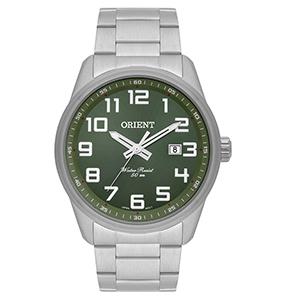 Relógio de Pulso Orient, Mostrador Verde, Detalhes em Branco, Numeração Completa, Caixa e Pulseira em Aço, Aprova D'água.  Ref.: MBSS 1271.