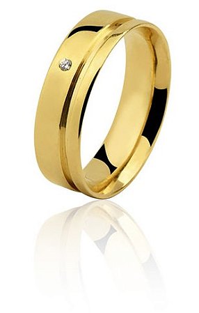 Aliança em Ouro 18k Amarelo, Acabamento Liso, 01 friso, 01 Zirconea Extra 2mm, Anatômica - Peso Médio 3,00 Gramas, Ref.: RC200,