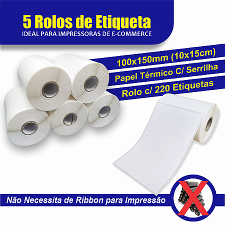 5 Rolos de Etiqueta Térmica - 100x150mm (10x15cm)