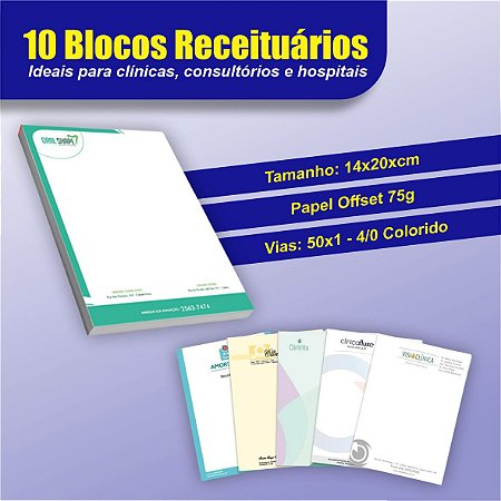 10 Blocos Receiturário Personalizado - 50x1 Via (140x200mm)