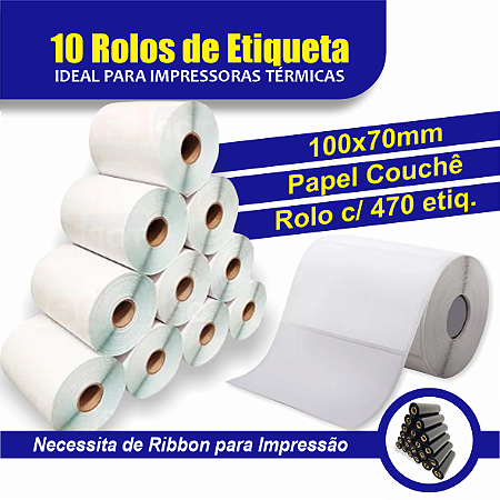 10 Rolos de Etiqueta 10x7cm (100x70mm) Couchê