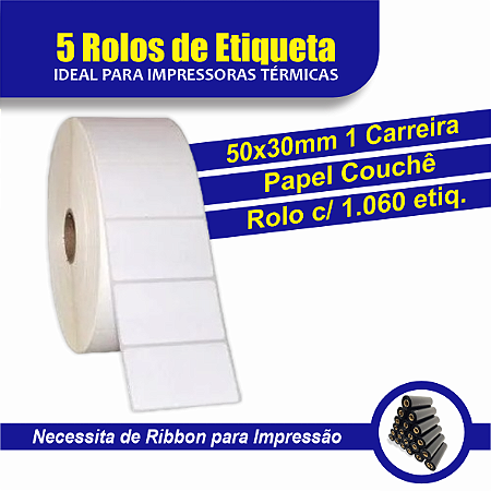 10 Rolos de Etiqueta Adesiva Couchê - 50x30mm 1 Carreira