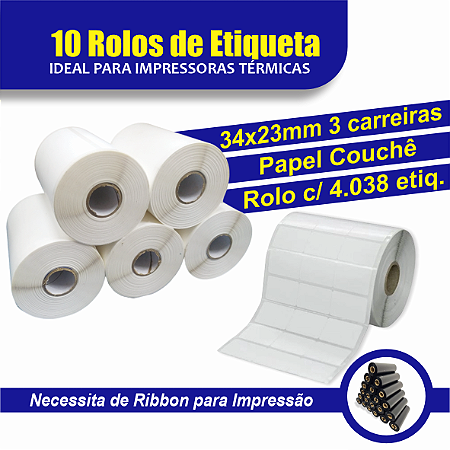10 Rolos de Etiqueta (34x23 - 3 Carreiras) Couchê