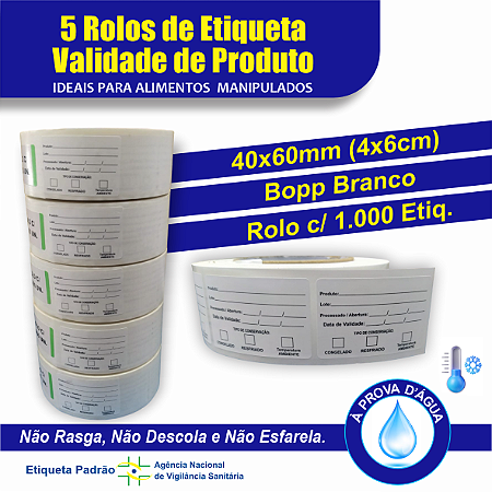 5 Rolos de Etiqueta Validade de Produto - 40x60mm (4x6cm) - Bopp