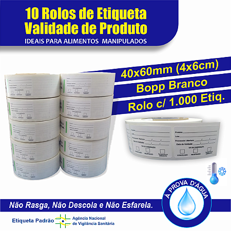 10 Rolos de Etiqueta Validade de Produto - 40x60mm (4x6cm) - Bopp