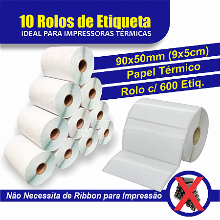 10 Rolos de Etiqueta Adesiva Térmica - 90x50mm