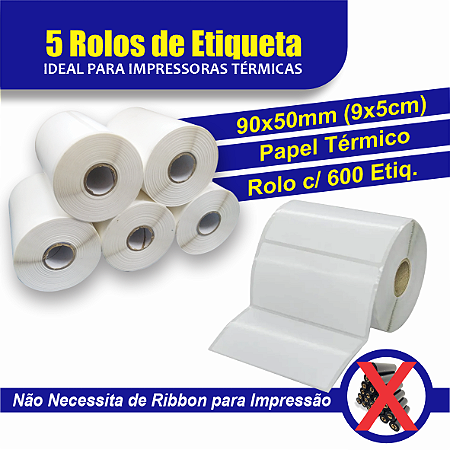 5 Rolos de Etiqueta Adesiva Térmica - 90x50mm