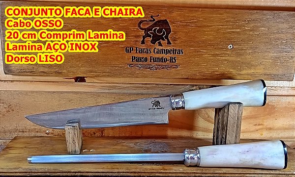 Conjunto Faca e Chaira – Elegância e Praticidade com Cabo de Osso e Lâmina em Aço Inox