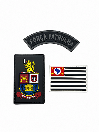 KIT EMBORRACHADO POLÍCIA MILITAR - BANDEIRA SP (BORDA BRANCA) + BRASÃO 51 BPMI + LISTEL (FORÇA PATRULHA)
