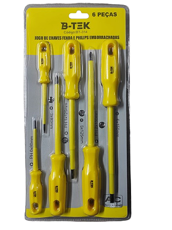 Conjunto 6 Pçs Chaves Fenda e Philips Emborrachadas Btek Bt314
