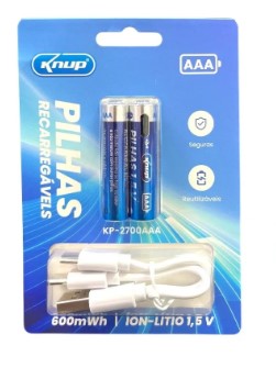 Pilha Recarregável 600mwh Com Cabo AAA Knup Kp2700aaa