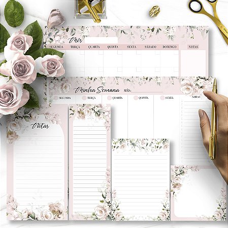 Kit Blocos Planejadores e Anotações Floral Rosa