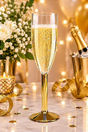 Taça Champanhe Cristal Base Metalizada Dourada - Mtsz