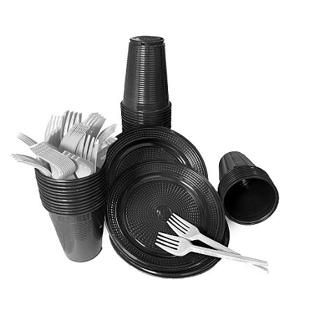 Kit Descartável Preto para 50 pessoas prato, copo e garfo