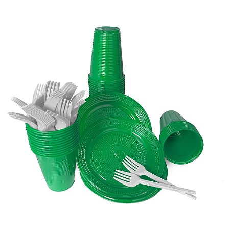 Kit Descartável Verde para 50 pessoas prato, copo e garfo