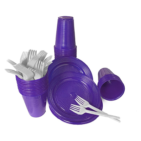 Kit Descartável Roxo para 50 pessoas prato, copo e garfo