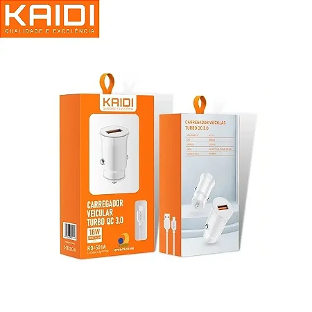 CARREGADOR VEICULAR QC 3.0 / CABO 1M IPHONE / TURBO 18W ( KD-501A ) - KAIDI