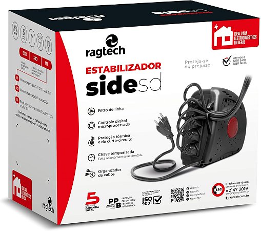 RAGTECH – Estabilizador Eletro Side SD 500VA (Para Eletrodomésticos em Geral) – Bivolt – 4 tomadas – Modelo 5413