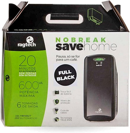 Nobreak Ragtech Full Black 600VA 6 Tomadas Troca Fácil de Bateria Save Home STD TI 4114 - "Distribuidor Exclusivo"