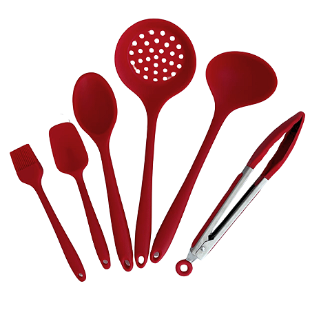 Jogo De Utensílios de Silicone Vermelho 06 Peças - Colher Espátula Pegador Pincel Concha e Escumadeira