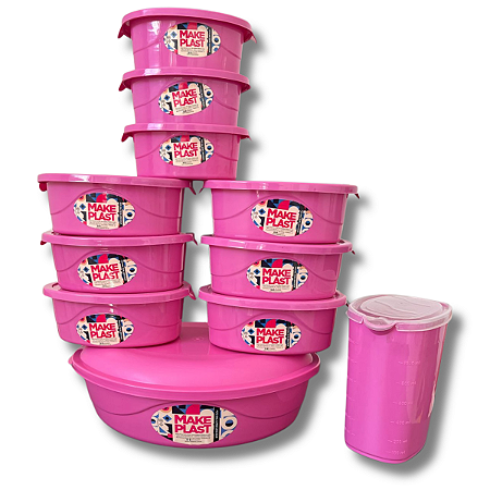 KIT 10 POTES MAKE PLAST LIVRE DE BPA ATÓXICO + JARRA 1L ROSA