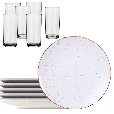 Kit Jantar 6 Pratos Tramontina Rústico Marrom em Porcelana 28 cm + 6 Copos de Vidro Original Line Safira 380ml