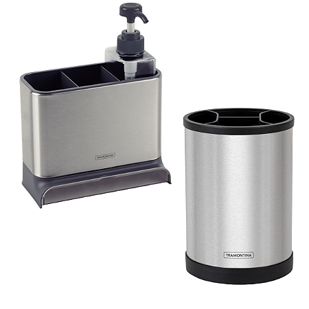Dispenser Sabão Detergente Tramontina E Porta Utensílios Inox Kit Cozinha