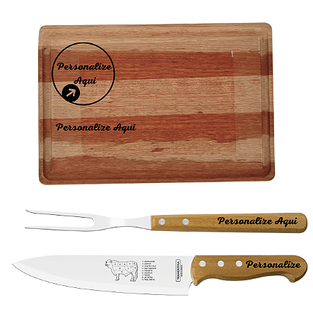 Kit Churrasco Tramontina Personalizado Com Nome Time Faca Garfo e Tábua de Madeira