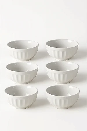 Jogo 06  Peças Cumbuca  Porcelana Canelada  Branca 310 ml