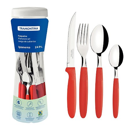 Faqueiro Inox 24 Peças Ipanema Vermelho Tramontina em Aço Inox
