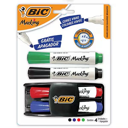 Pincel Quadro Branco KIT c/ 4 Pinceis + 1 Apagador - BIC