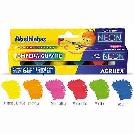Tinta Guache Neon c/ 6 Cores de 15ml - ACRILEX