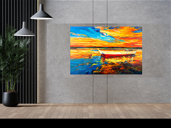 Quadro decorativo - Pôr do sol em um lago com dois barcos