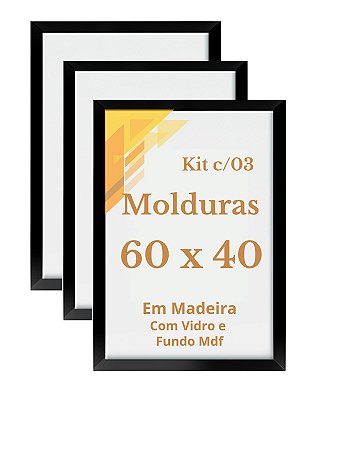 Kit 3 Molduras 40x60 Com Vidro Madeira Quadro 60x40