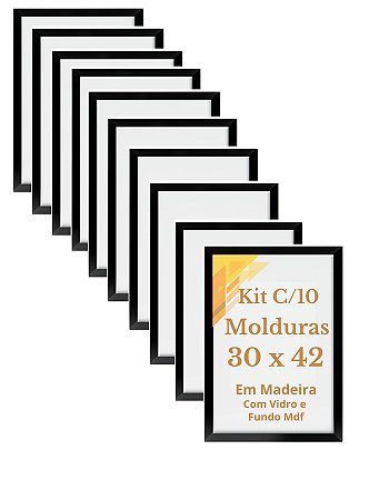 Kit 10 Molduras A3 Med. 30x42 Vidro Moldura Madeira Acabamento Fosco