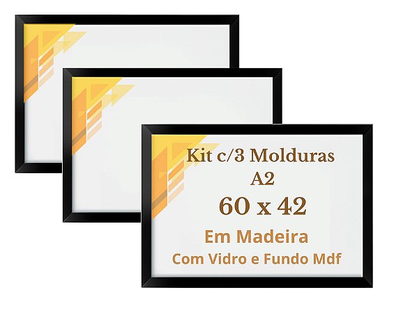 Kit 3 Quadros 42x60 A2 Moldura Com Vidro Madeira 60x42