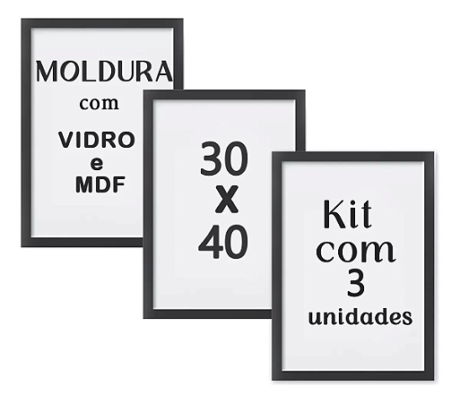 Kit 3 Molduras Quadros 40x30 C/Vidro Moldura Madeira