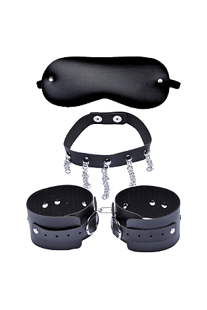 Kit Dominatrixxx Prisioneira 2 com Algemas, Choker e Venda em Couro Sintético Preto - Dominatrixxx