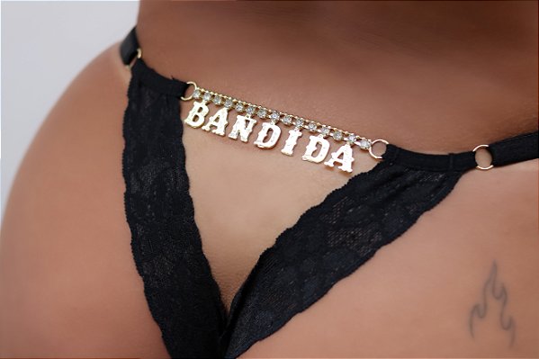 Calcinha Gislaine - Personalizada Com Strass Bandida - Preto