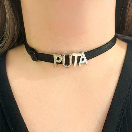 Choker Preta Regulável Com Palavras Em Letras Prata