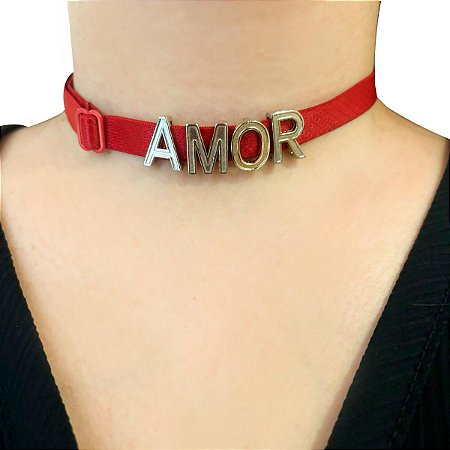 Choker Vermelha Regulável Com Palavras Em Letras Prata