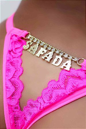 Calcinha Gislaine - Frases Com Strass - Rosa Neon