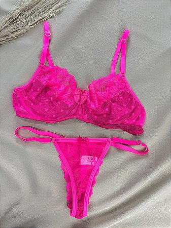 Conjunto Mariana – Renda e Tule com Detalhes em Coração - Rosa