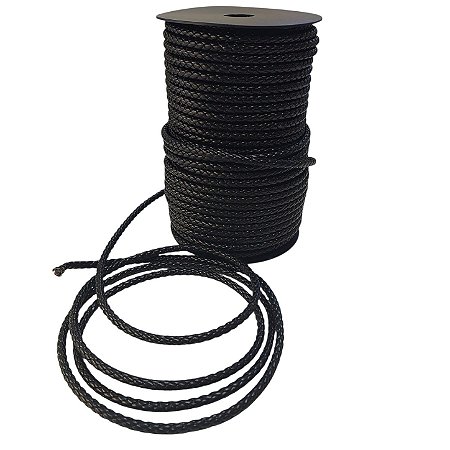 Fio de Couro Trançado - preto - Sintético 5mm - Rolo C 50 Metros